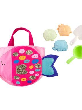 Mud Pie Toddler Girl Pink Glitter Fish Beach Tote with sand toys NEW
